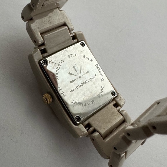 Isaac Mizrahi Live Ceramic Rectangular Dial Pale Taupe Gold Tone Watch